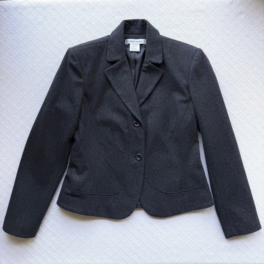 Harve Benard Wool Blend Two Button Tailored Piped Blazer Dark Gray Womens Size 8